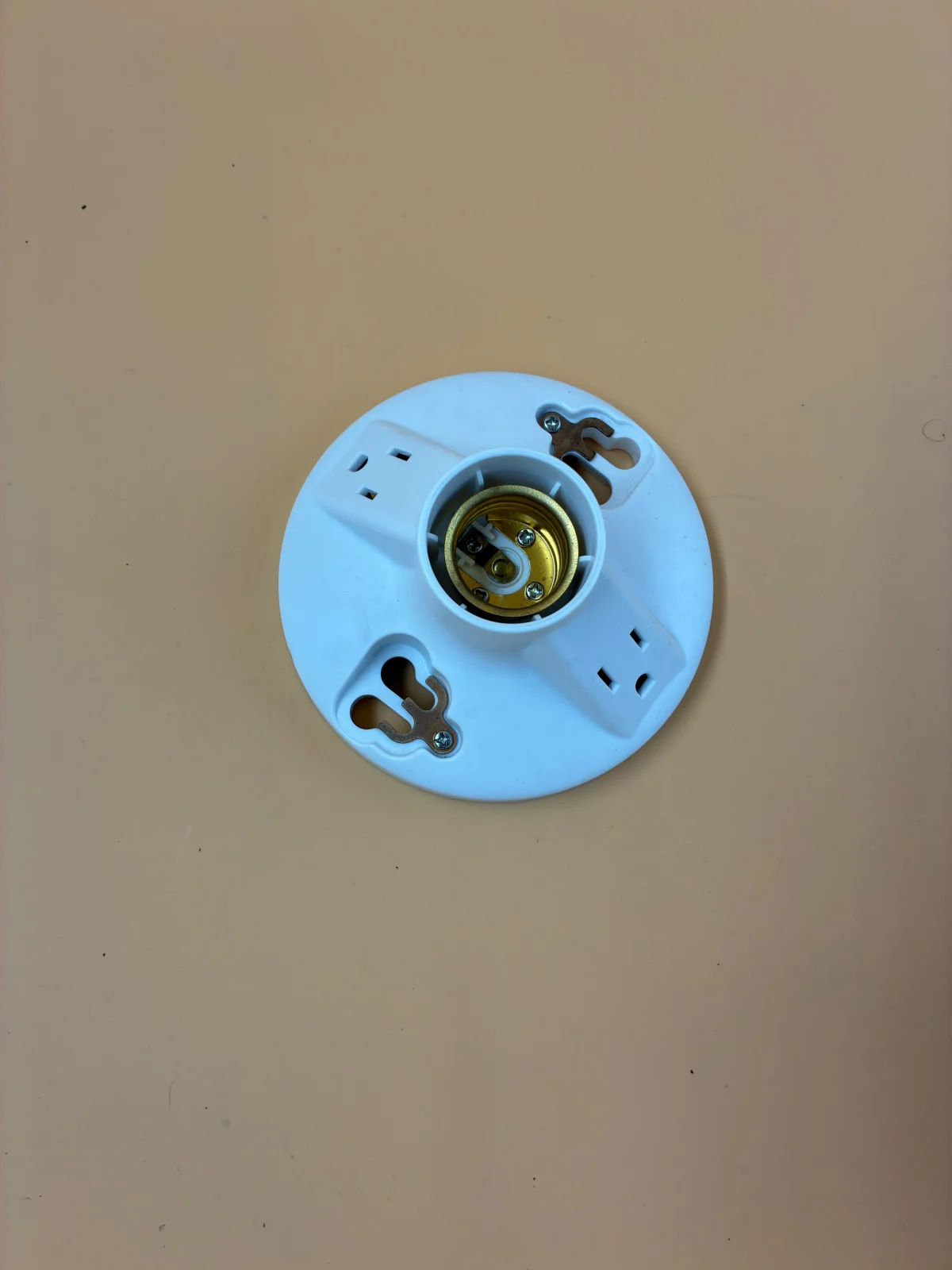Front view of the round white housing, showing the central light socket, two outlets and mounting slots.