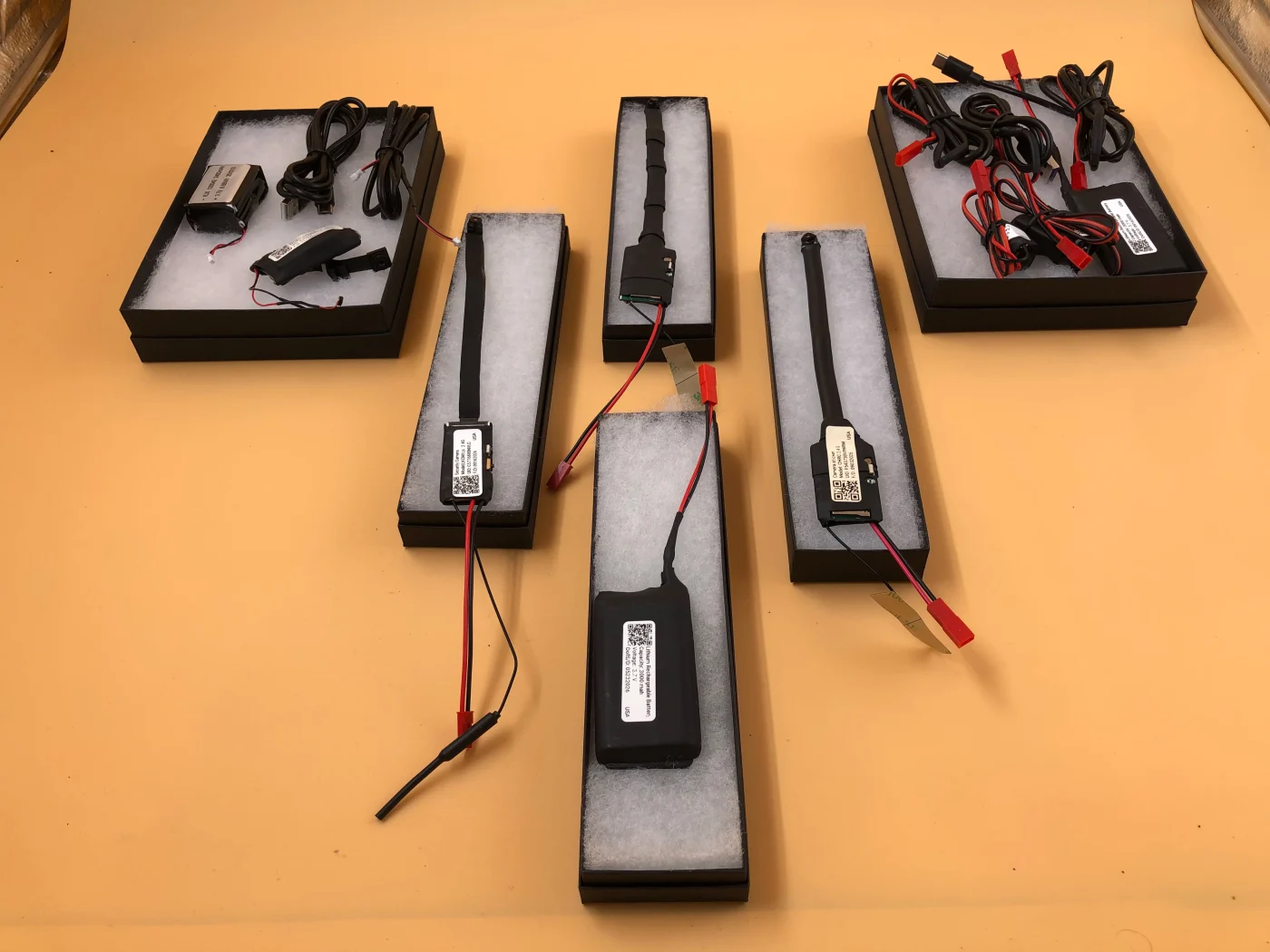 Electronic modules, a battery pack and connecting cables displayed in presentation trays.