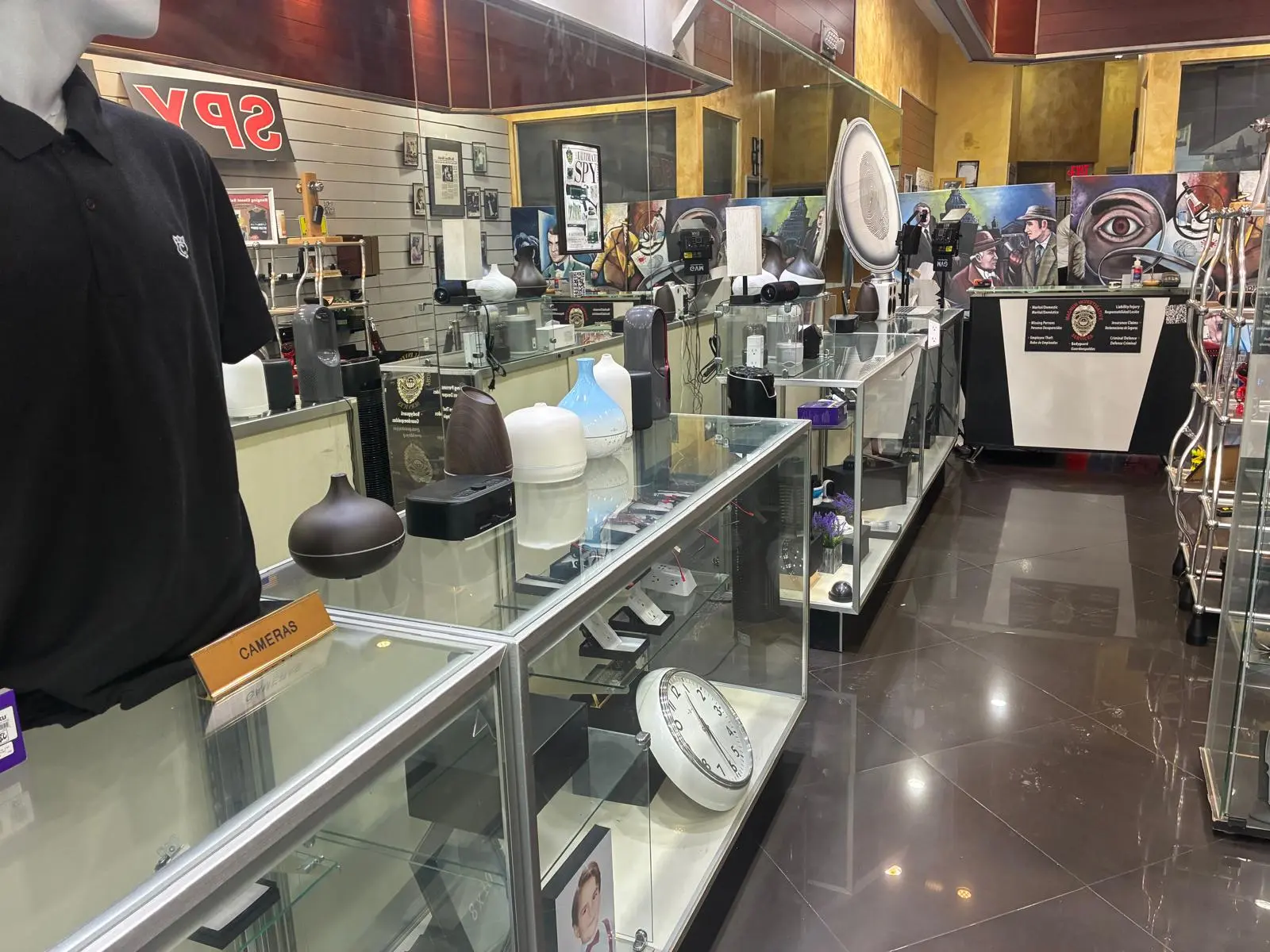 Interior of SPY WORLD with security and surveillance products on display