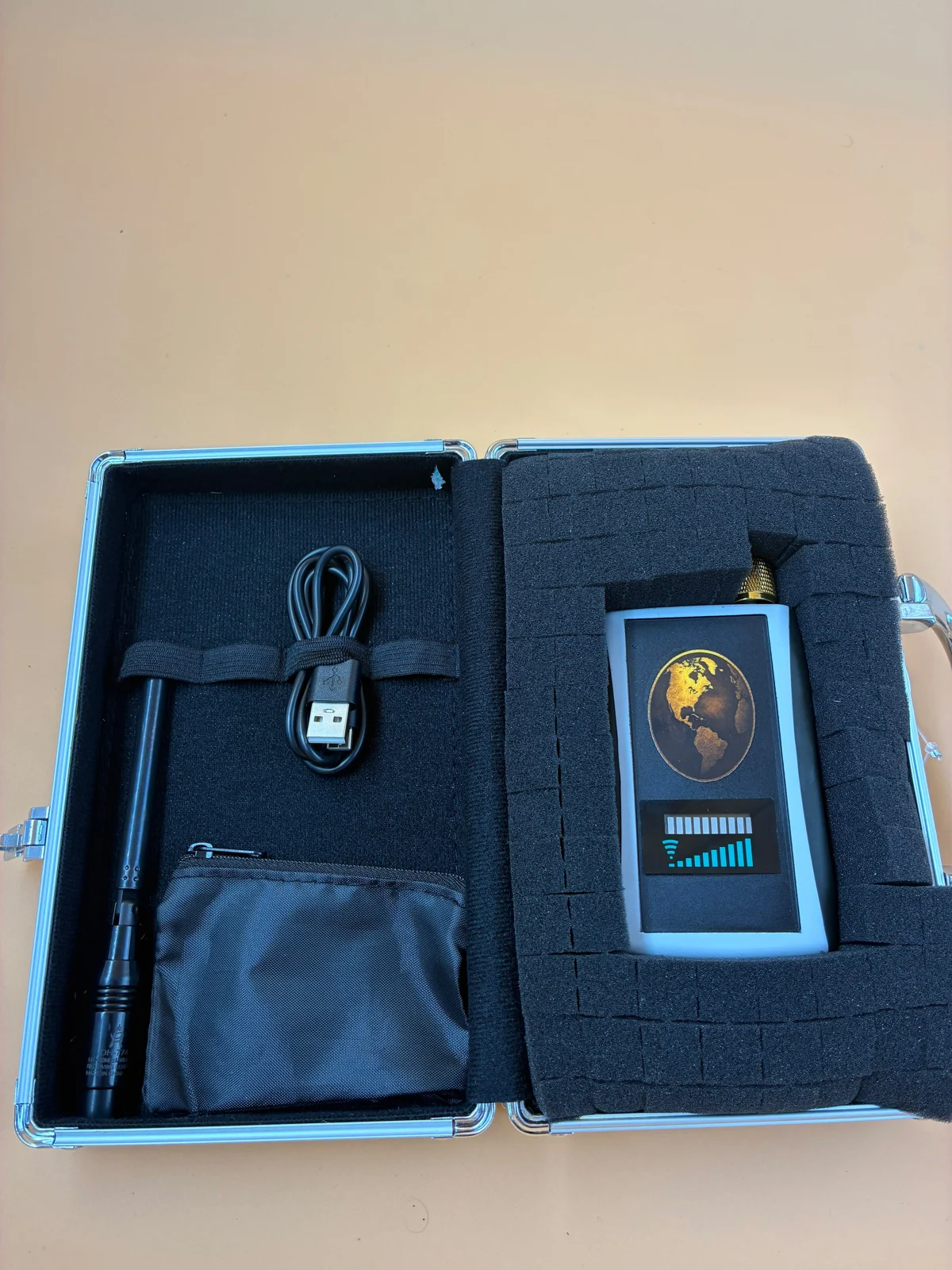 A detection device and accessories arranged in a carrying case.