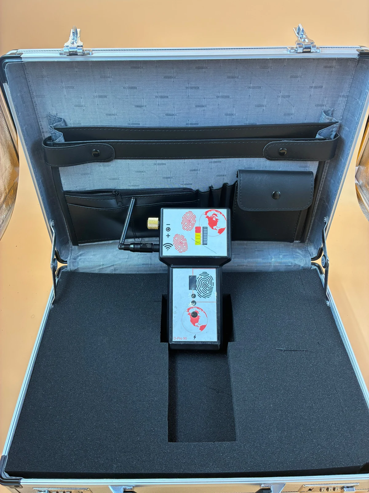 An equipment case with devices displayed inside.